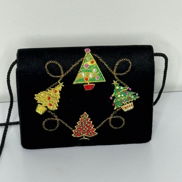 Vintage Amanda Smith Christmas Velvet Purse with Hand-Embroidered Christmas Tree - Picture 1 of 6